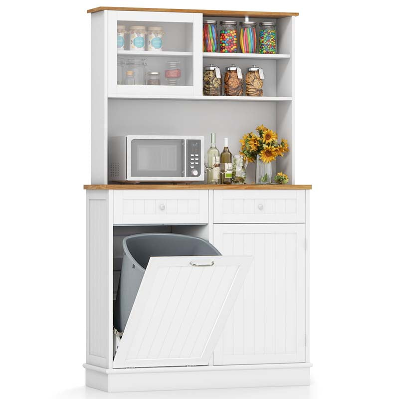 68" Tall 10-Gallon Tilt Out Trash Cabinet with Hutch, Freestanding Wood Kitchen Pantry Sideboard Cupboard with Countertop & Drawers