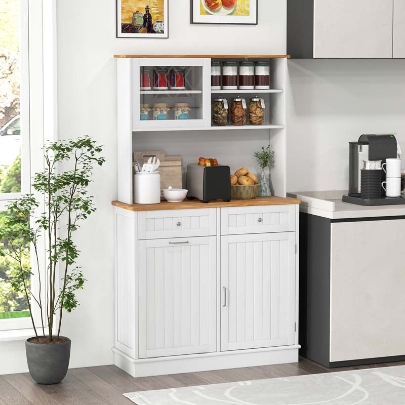 68" Tall 10-Gallon Tilt Out Trash Cabinet with Hutch, Freestanding Wood Kitchen Pantry Sideboard Cupboard with Countertop & Drawers