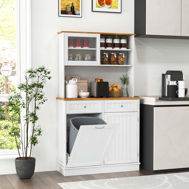 68" Tall 10-Gallon Tilt Out Trash Cabinet with Hutch, Freestanding Wood Kitchen Pantry Sideboard Cupboard with Countertop & Drawers