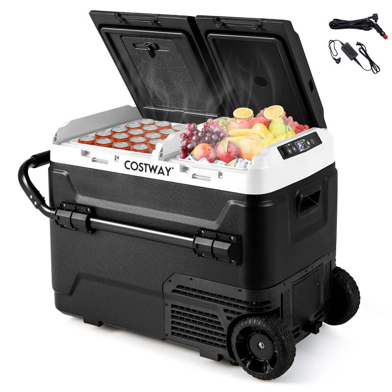 53-Quart Dual-zone Car Refrigerator with Wheels, 12V/24V DC, 100-240V AC, Portable Car Fridge Freezer Electric Cooler for RV Camping