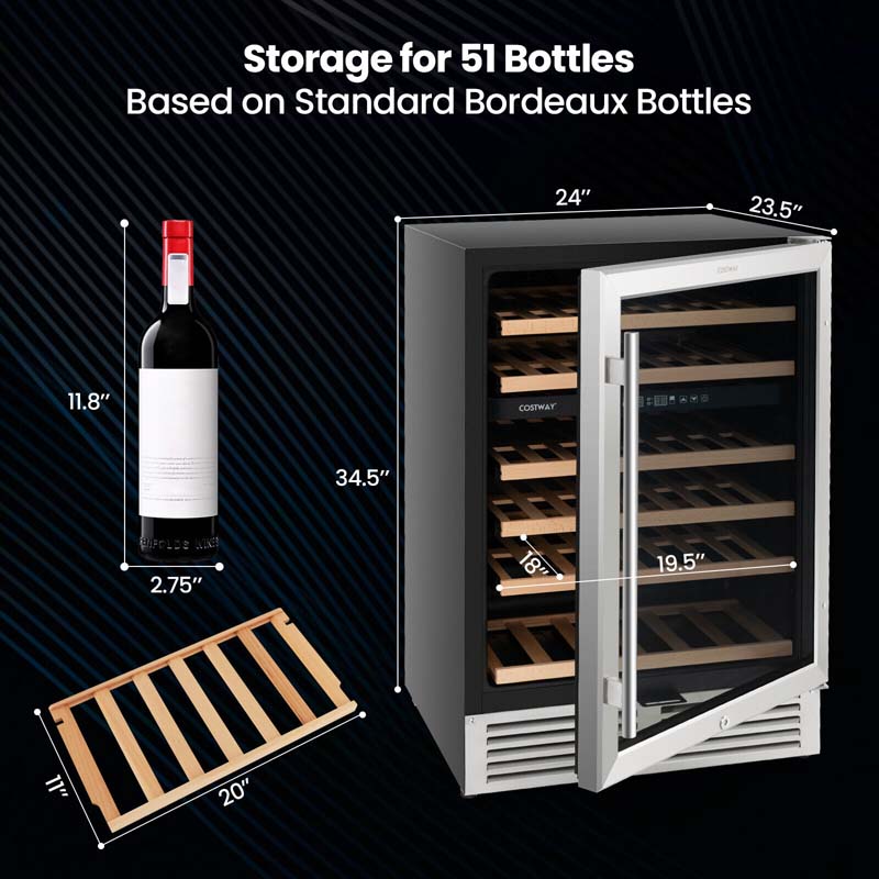 51 Bottles Dual Zone Wine Cooler Refrigerator with Reversible Door, 24" Built-in or Freestanding Mini Wine Fridge for Home Bar Office