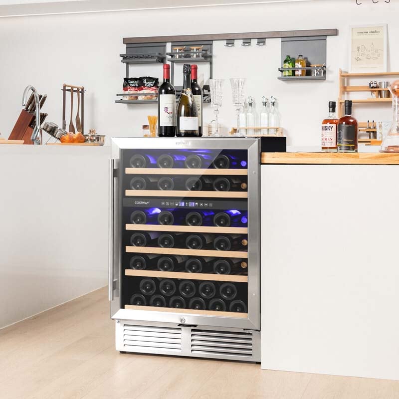 51 Bottles Dual Zone Wine Cooler Refrigerator with Reversible Door, 24" Built-in or Freestanding Mini Wine Fridge for Home Bar Office