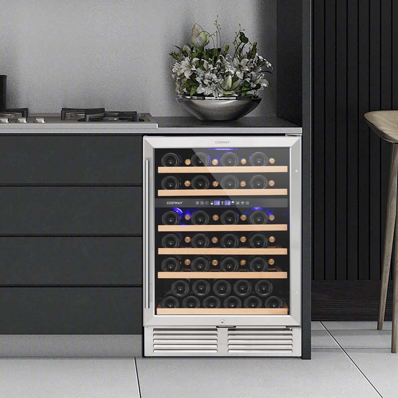 51 Bottles Dual Zone Wine Cooler Refrigerator with Reversible Door, 24" Built-in or Freestanding Mini Wine Fridge for Home Bar Office