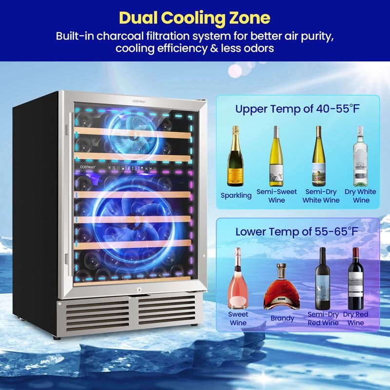 51 Bottles Dual Zone Wine Cooler Refrigerator with Reversible Door, 24" Built-in or Freestanding Mini Wine Fridge for Home Bar Office