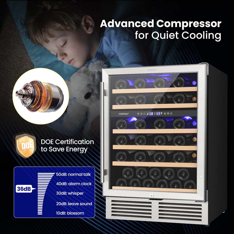 51 Bottles Dual Zone Wine Cooler Refrigerator with Reversible Door, 24" Built-in or Freestanding Mini Wine Fridge for Home Bar Office
