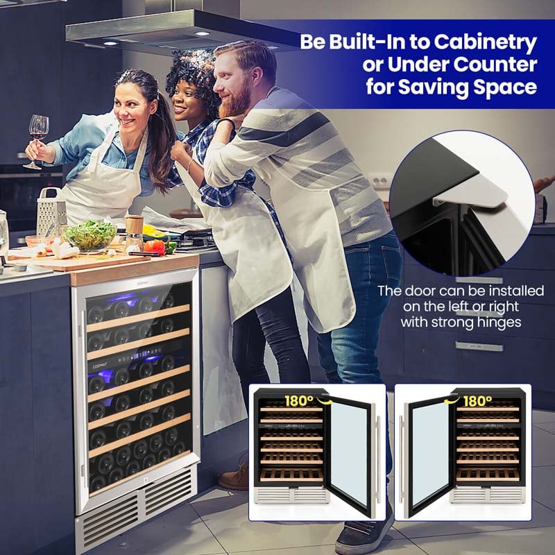 51 Bottles Dual Zone Wine Cooler Refrigerator with Reversible Door, 24" Built-in or Freestanding Mini Wine Fridge for Home Bar Office