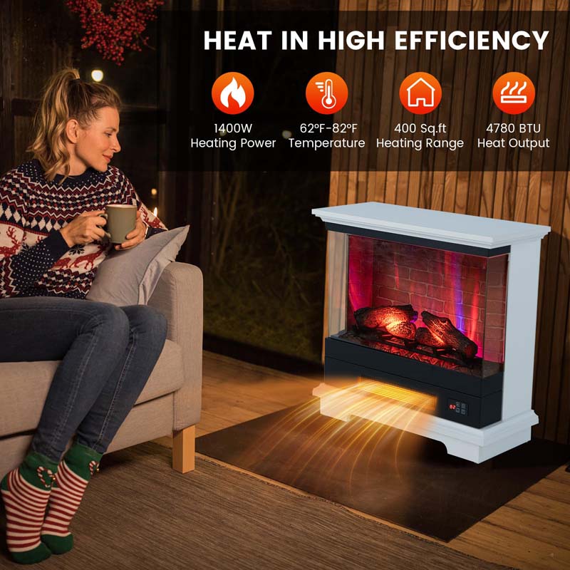 27" 3-Sided Glass View Electric Fireplace Heater 1400W Freestanding Fireplace Mantel with 7 Flame Effects, Remote Control