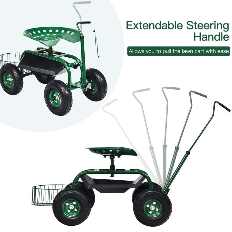 4-Wheel Garden Cart Workseat with Storage Basket & Tool Tray, Heavy Duty Patio Wagon Scooter for Planting