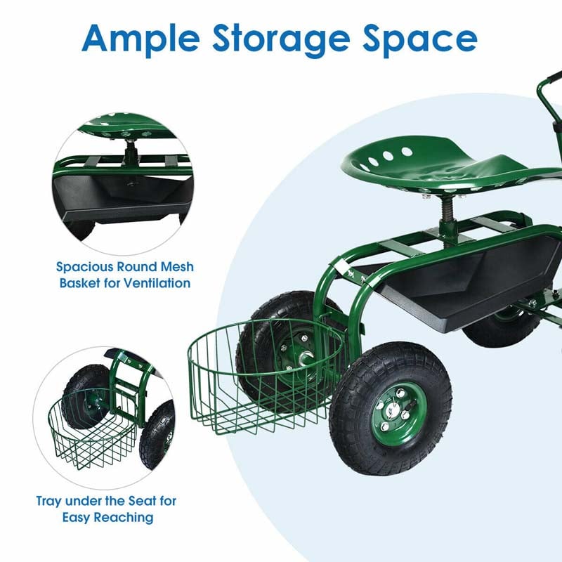 4-Wheel Garden Cart Workseat with Storage Basket & Tool Tray, Heavy Duty Patio Wagon Scooter for Planting