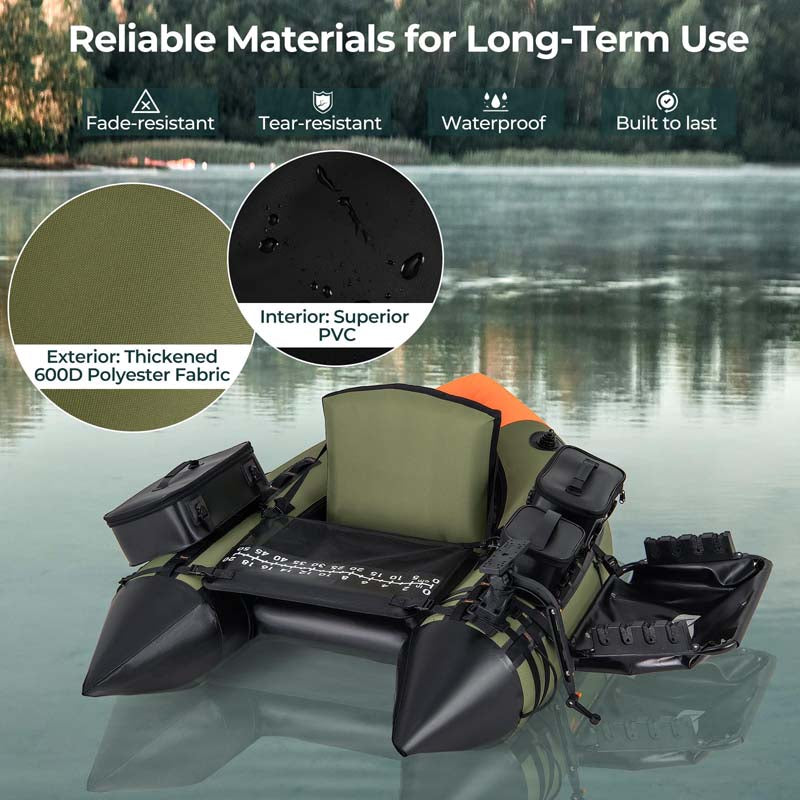 Inflatable Fishing Float Tube, 350LBS Portable Belly Boat with Rod Rack Basket, Fish Finder Holder, Fish Ruler, 3 Storage Boxes & Pump