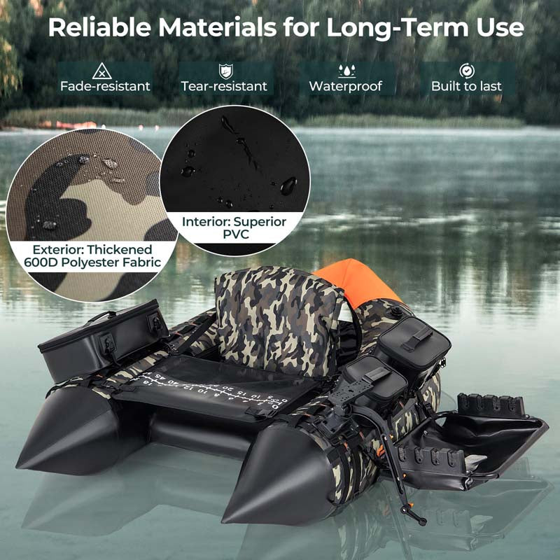 Inflatable Fishing Float Tube, 350LBS Portable Belly Boat with Rod Rack Basket, Fish Finder Holder, Fish Ruler, 3 Storage Boxes & Pump