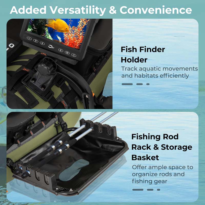 Inflatable Fishing Float Tube, 350LBS Portable Belly Boat with Rod Rack Basket, Fish Finder Holder, Fish Ruler, 3 Storage Boxes & Pump