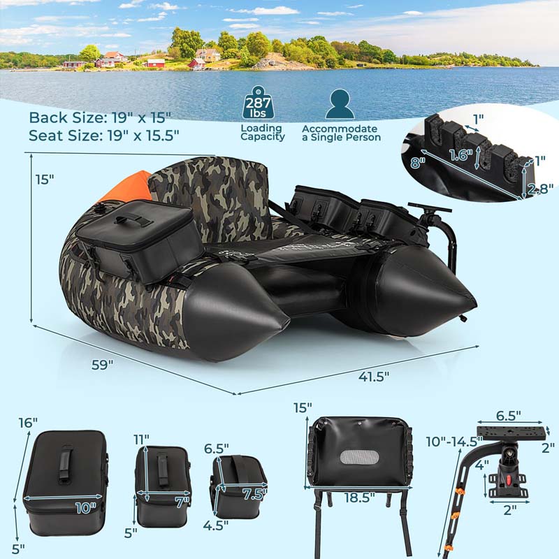 Inflatable Fishing Float Tube, 350LBS Portable Belly Boat with Rod Rack Basket, Fish Finder Holder, Fish Ruler, 3 Storage Boxes & Pump