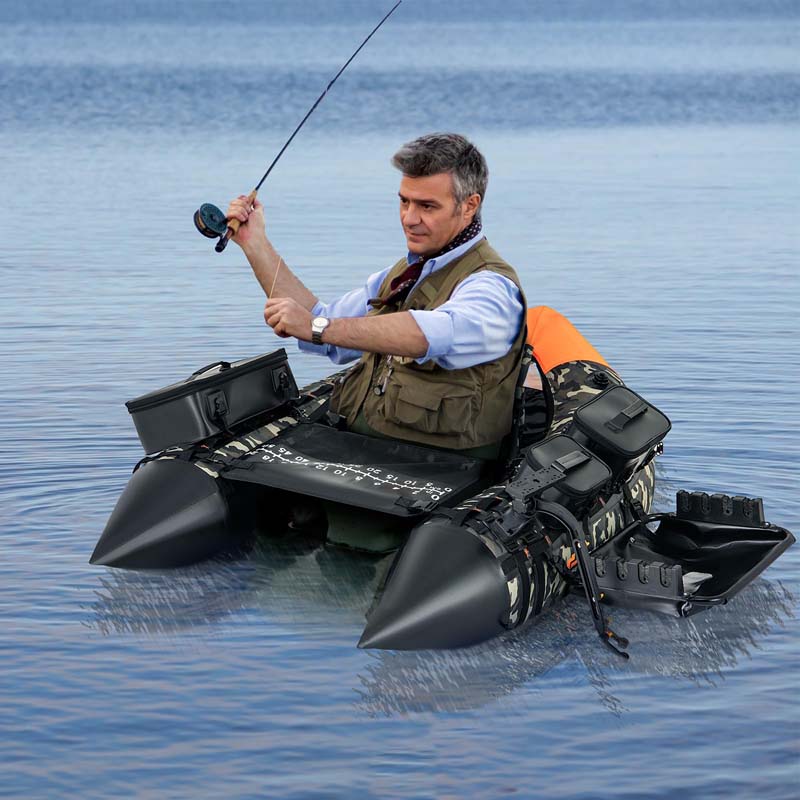Inflatable Fishing Float Tube, 350LBS Portable Belly Boat with Rod Rack Basket, Fish Finder Holder, Fish Ruler, 3 Storage Boxes & Pump