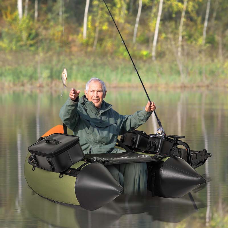 Inflatable Fishing Float Tube, 350LBS Portable Belly Boat with Rod Rack Basket, Fish Finder Holder, Fish Ruler, 3 Storage Boxes & Pump