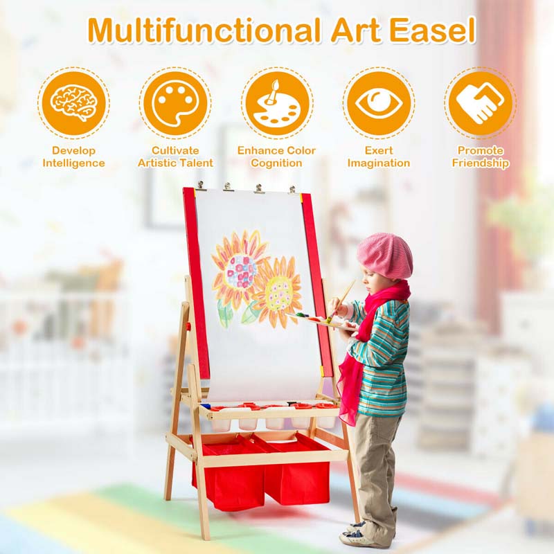 3-in-1 Wood Kids Art Easel Double-Sided Adjustable Toddler Drawing Board with Magnetic Whiteboard & Chalkboard, Accessories