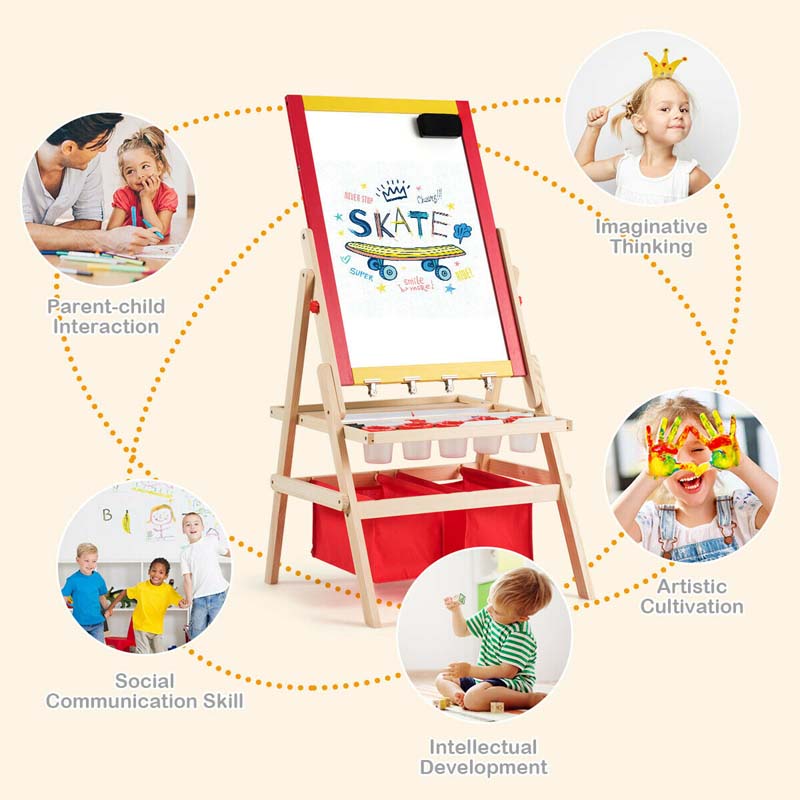 3-in-1 Wood Kids Art Easel, Flip-Over Double-Sided Adjustable Drawing Board with Magnetic Whiteboard, Chalkboard & Storage Bins for Toddlers