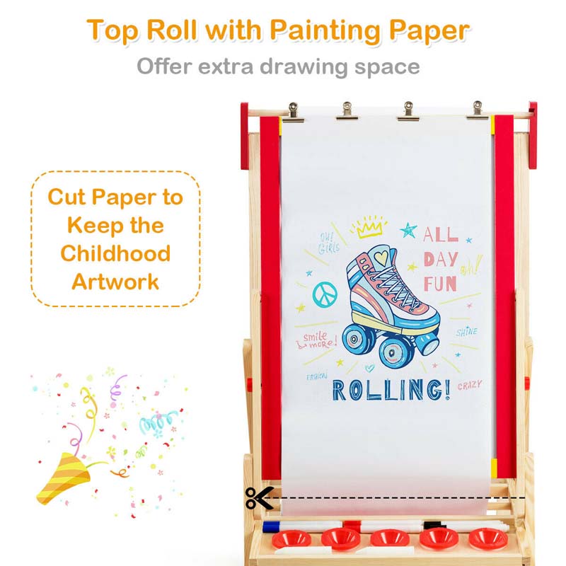 3-in-1 Wood Kids Art Easel, Flip-Over Double-Sided Adjustable Drawing Board with Magnetic Whiteboard, Chalkboard & Storage Bins for Toddlers