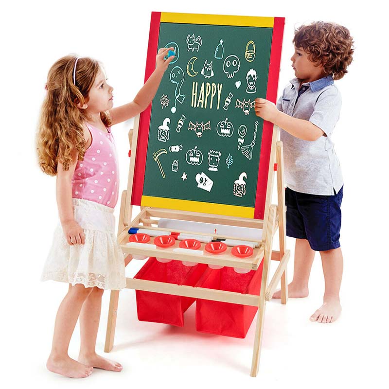 3-in-1 Wood Kids Art Easel Double-Sided Adjustable Toddler Drawing Board with Magnetic Whiteboard & Chalkboard, Accessories