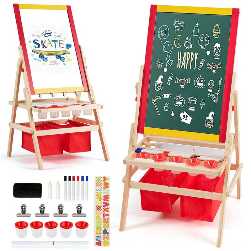 3-in-1 Wood Kids Art Easel Double-Sided Adjustable Toddler Drawing Board with Magnetic Whiteboard & Chalkboard, Accessories