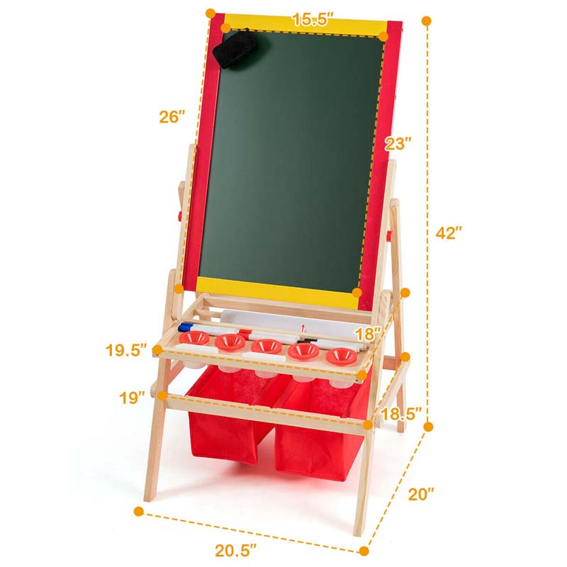 3-in-1 Wood Kids Art Easel, Flip-Over Double-Sided Adjustable Drawing Board with Magnetic Whiteboard, Chalkboard & Storage Bins for Toddlers