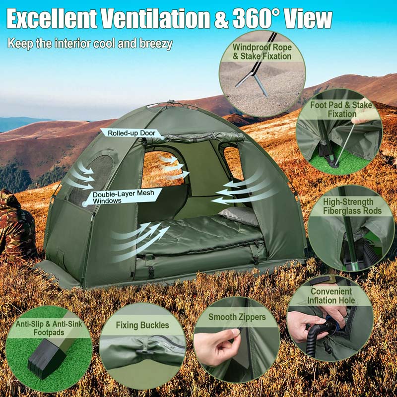 5-in-1 Camping Tent Cot for 1-Person, Foldable Elevated Tent with Awning, Air Mattress, Sleeping Bag & Carrying Bag for Outdoor Hiking & Picnic