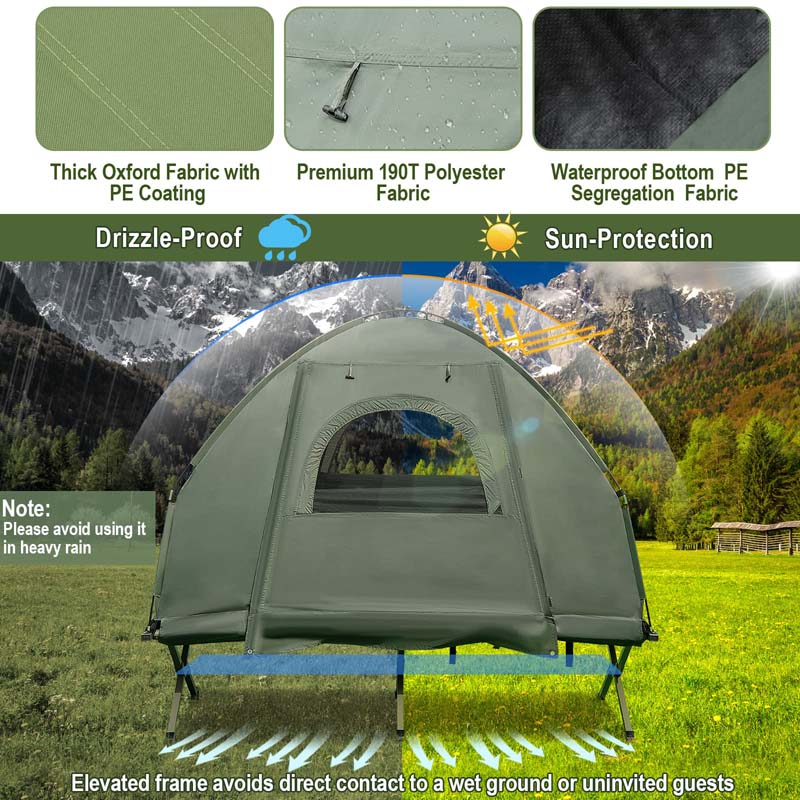 5-in-1 Camping Tent Cot for 1-Person, Foldable Elevated Tent with Awning, Air Mattress, Sleeping Bag & Carrying Bag for Outdoor Hiking & Picnic