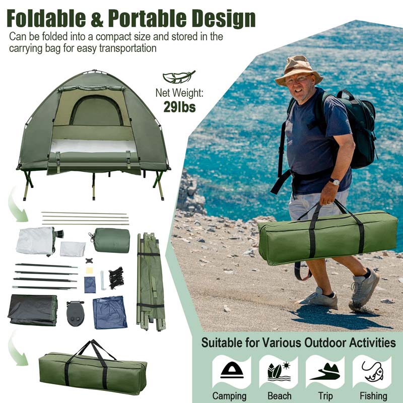 5-in-1 Camping Tent Cot for 1-Person, Foldable Elevated Tent with Awning, Air Mattress, Sleeping Bag & Carrying Bag for Outdoor Hiking & Picnic