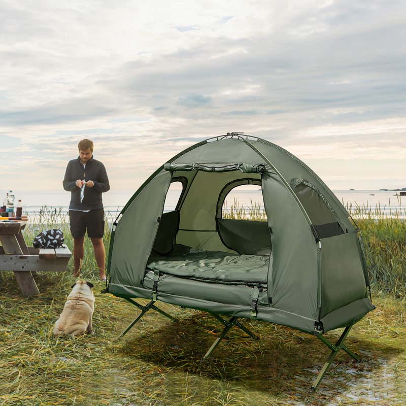 5-in-1 Camping Tent Cot for 1-Person, Foldable Elevated Tent with Awning, Air Mattress, Sleeping Bag & Carrying Bag for Outdoor Hiking & Picnic