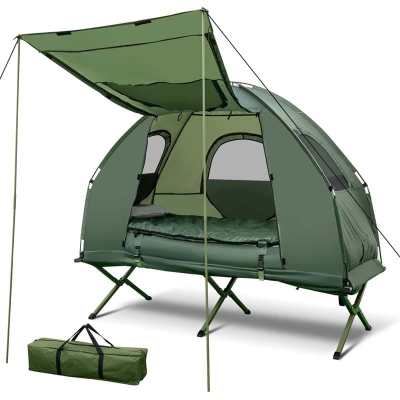 5-in-1 Camping Tent Cot for 1-Person, Foldable Elevated Tent with Awning, Air Mattress, Sleeping Bag & Carrying Bag for Outdoor Hiking & Picnic
