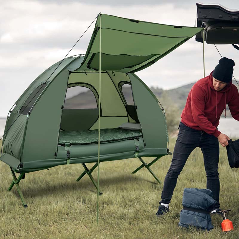 5-in-1 Camping Tent Cot for 1-Person, Foldable Elevated Tent with Awning, Air Mattress, Sleeping Bag & Carrying Bag for Outdoor Hiking & Picnic