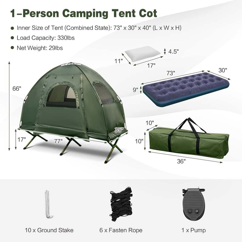 5-in-1 Camping Tent Cot for 1-Person, Foldable Elevated Tent with Awning, Air Mattress, Sleeping Bag & Carrying Bag for Outdoor Hiking & Picnic