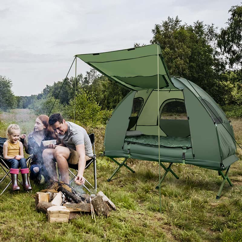 5-in-1 Camping Tent Cot for 1-Person, Foldable Elevated Tent with Awning, Air Mattress, Sleeping Bag & Carrying Bag for Outdoor Hiking & Picnic