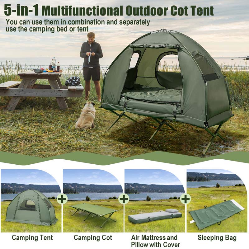 5-in-1 Camping Tent Cot for 1-Person, Foldable Elevated Tent with Awning, Air Mattress, Sleeping Bag & Carrying Bag for Outdoor Hiking & Picnic