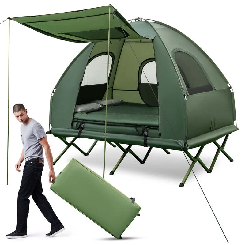 5-in-1 Off-Ground Tent Cot 2-Person Foldable Camping Bed Tent with Awning, Air Mattress, Sleeping Bag, Carrying Bag