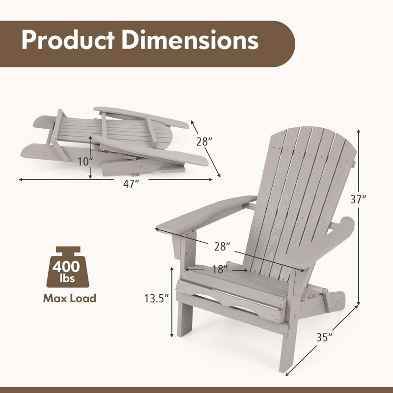 Set of 2 Wooden Foldable Adirondack Chairs w/High Back & Wide Armrests, Weather Resistant Fire Pit Chairs for Porch Lawn Poolside