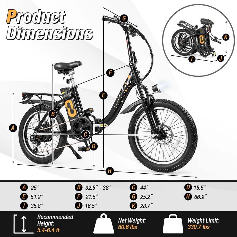 Folding Electric Bike for Adults with 20" Fat Tires, 750W Brushless Motor, 30MPH, 44-Mile Range, LCD Display & Fork Suspension for Snow/Sand Commuting