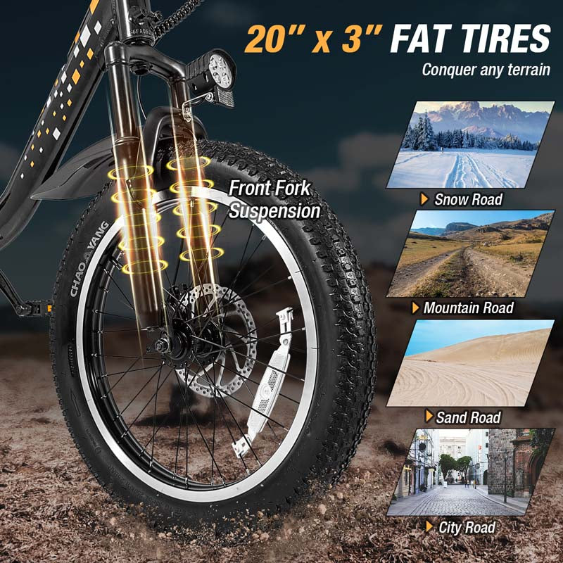Folding Electric Bike for Adults with 20" Fat Tires, 750W Brushless Motor, 30MPH, 44-Mile Range, LCD Display & Fork Suspension for Snow/Sand Commuting