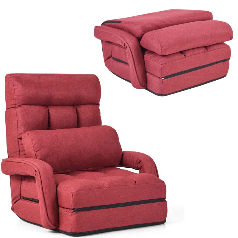 Folding Lazy Sofa Floor Chair with 6-Position Adjustable Backrest, Lumbar Pillow & Armrests, Indoor Chaise Lounge Sofa for Gaming, Living Room