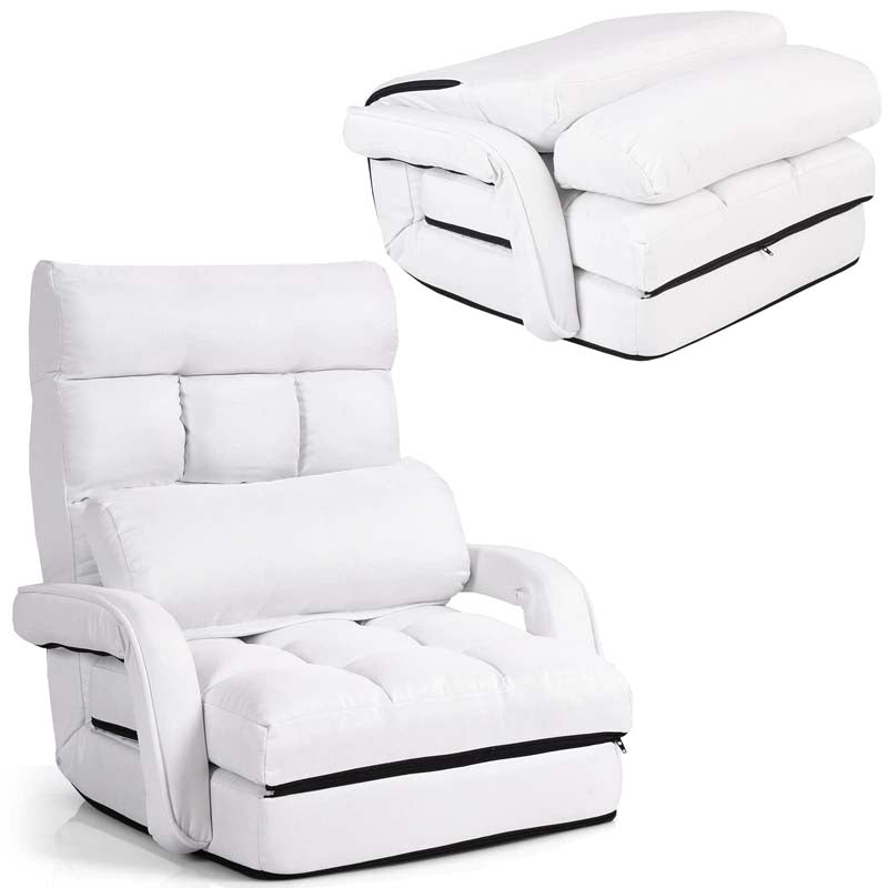 Folding Lazy Sofa Floor Chair with 6-Position Adjustable Backrest, Lumbar Pillow & Armrests, Indoor Chaise Lounge Sofa for Gaming, Living Room