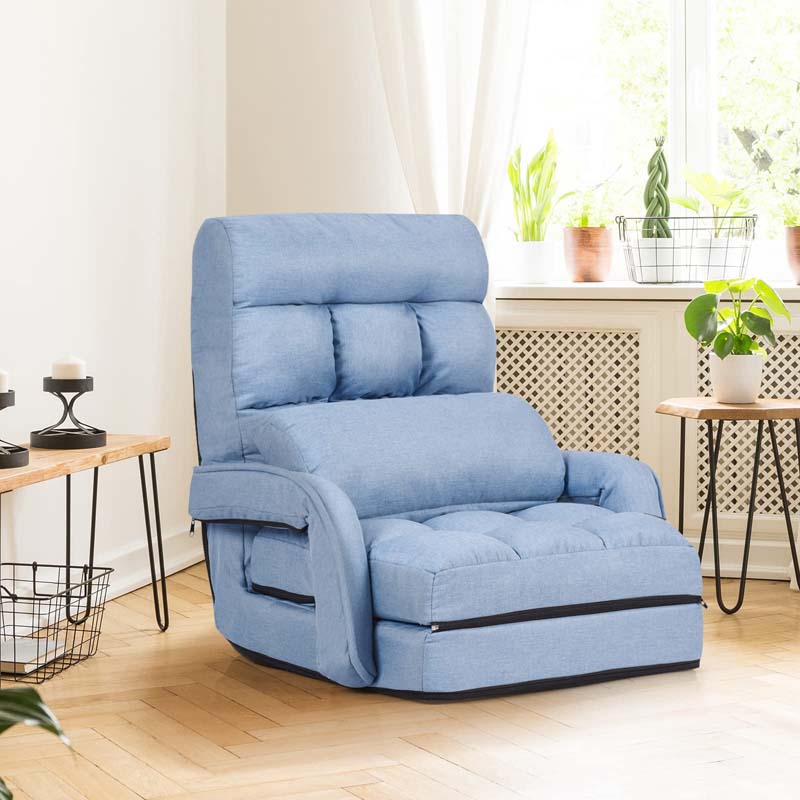 Folding Lazy Sofa Floor Chair with 6-Position Adjustable Backrest, Lumbar Pillow & Armrests, Indoor Chaise Lounge Sofa for Gaming, Living Room