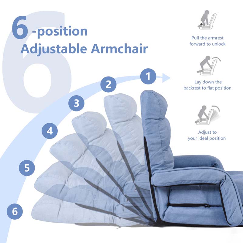 Folding Lazy Sofa Floor Chair with 6-Position Adjustable Backrest, Lumbar Pillow & Armrests, Indoor Chaise Lounge Sofa for Gaming, Living Room