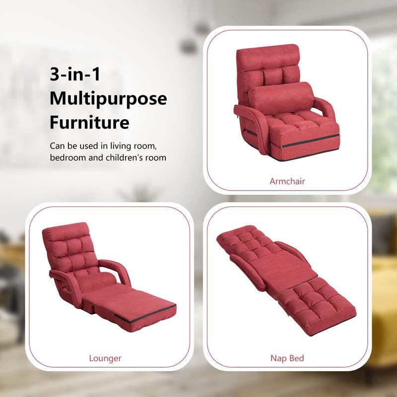 Folding Lazy Sofa Floor Chair with 6-Position Adjustable Backrest, Lumbar Pillow & Armrests, Indoor Chaise Lounge Sofa for Gaming, Living Room