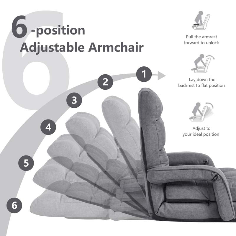 Folding Lazy Sofa Floor Chair with 6-Position Adjustable Backrest, Lumbar Pillow & Armrests, Indoor Chaise Lounge Sofa for Gaming, Living Room
