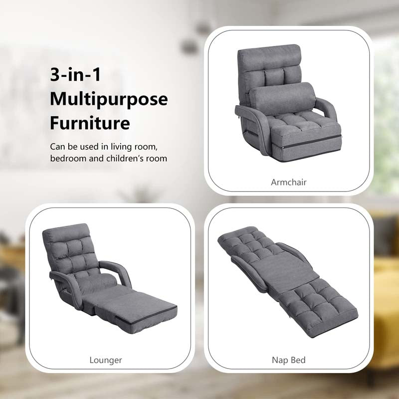 Folding Lazy Sofa Floor Chair with 6-Position Adjustable Backrest, Lumbar Pillow & Armrests, Indoor Chaise Lounge Sofa for Gaming, Living Room