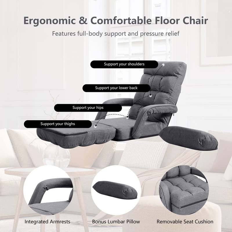 Folding Lazy Sofa Floor Chair with 6-Position Adjustable Backrest, Lumbar Pillow & Armrests, Indoor Chaise Lounge Sofa for Gaming, Living Room