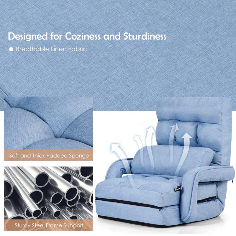 Folding Lazy Sofa Floor Chair with 6-Position Adjustable Backrest, Lumbar Pillow & Armrests, Indoor Chaise Lounge Sofa for Gaming, Living Room