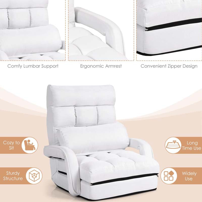 Folding Lazy Sofa Floor Chair with 6-Position Adjustable Backrest, Lumbar Pillow & Armrests, Indoor Chaise Lounge Sofa for Gaming, Living Room