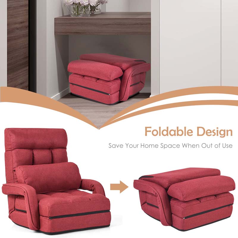 Folding Lazy Sofa Floor Chair with 6-Position Adjustable Backrest, Lumbar Pillow & Armrests, Indoor Chaise Lounge Sofa for Gaming, Living Room