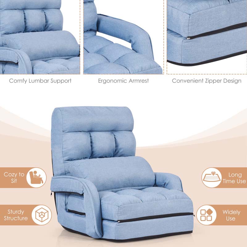 Folding Lazy Sofa Floor Chair with 6-Position Adjustable Backrest, Lumbar Pillow & Armrests, Indoor Chaise Lounge Sofa for Gaming, Living Room